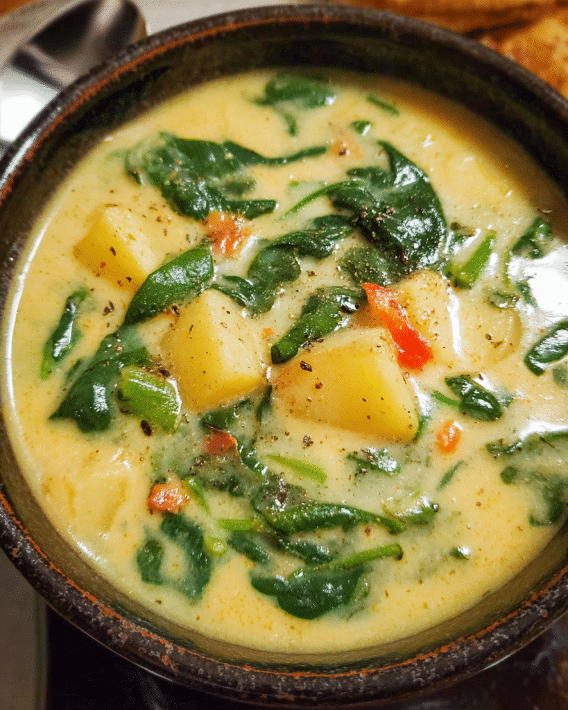 Creamy spinach potato stew in a bowl