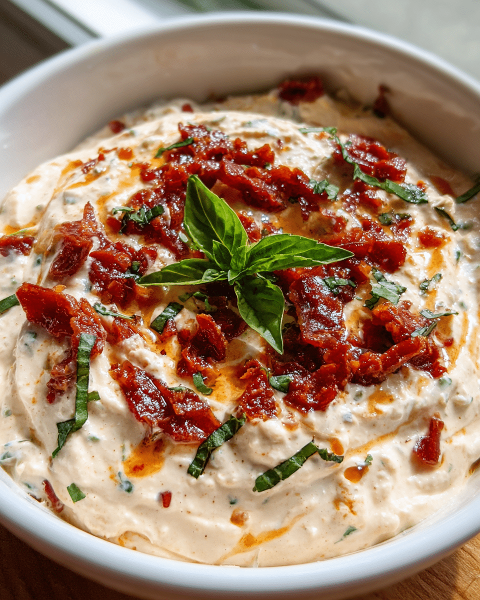 Creamy Sun-Dried Tomato Dip served with fresh vegetables and bread