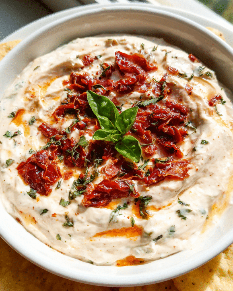 Creamy Sun-Dried Tomato Dip served with fresh vegetables and bread