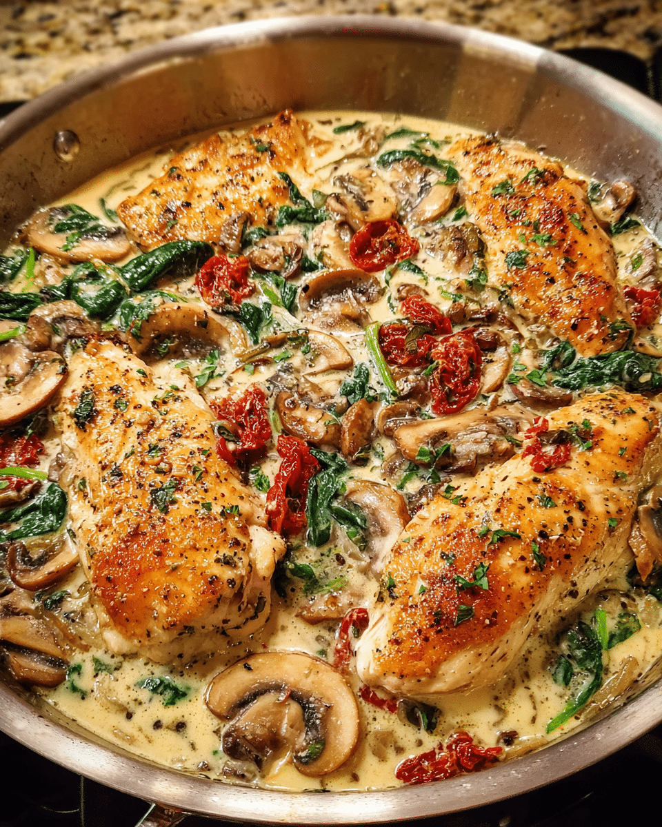 Creamy Tuscan chicken in a skillet with spinach and sun-dried tomatoes
