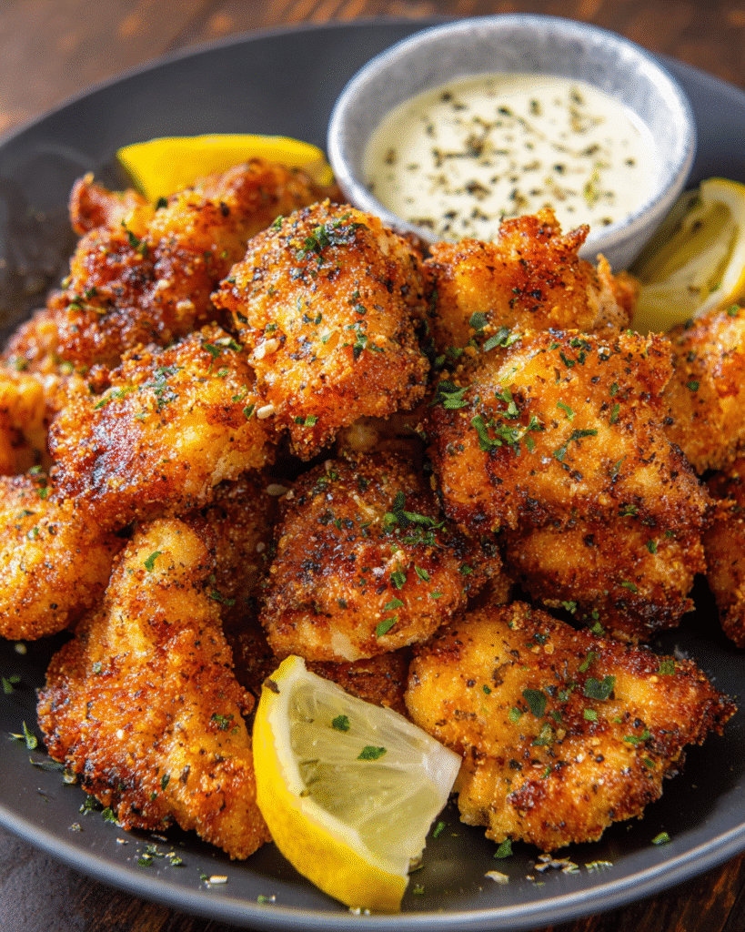 Crispy lemon pepper wings baked until golden and coated in zesty sauce
