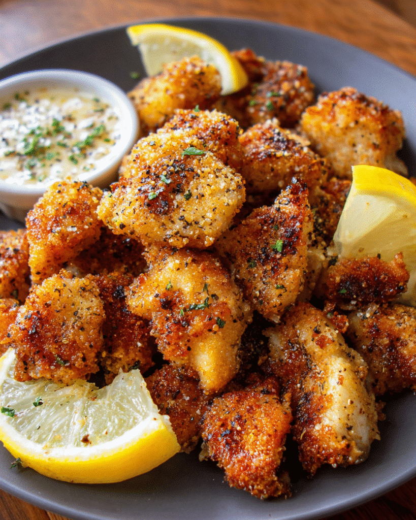 Crispy lemon pepper wings baked until golden and coated in zesty sauce