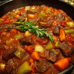 Fire-roasted tomato beef stew simmering in a pot