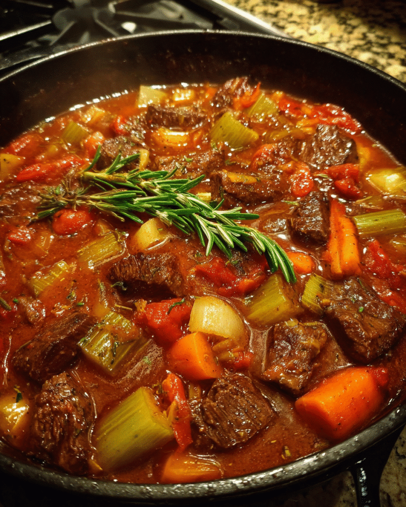 Fire-roasted tomato beef stew simmering in a pot