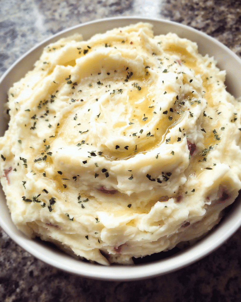 Creamy garlic mashed potatoes in a serving bowl