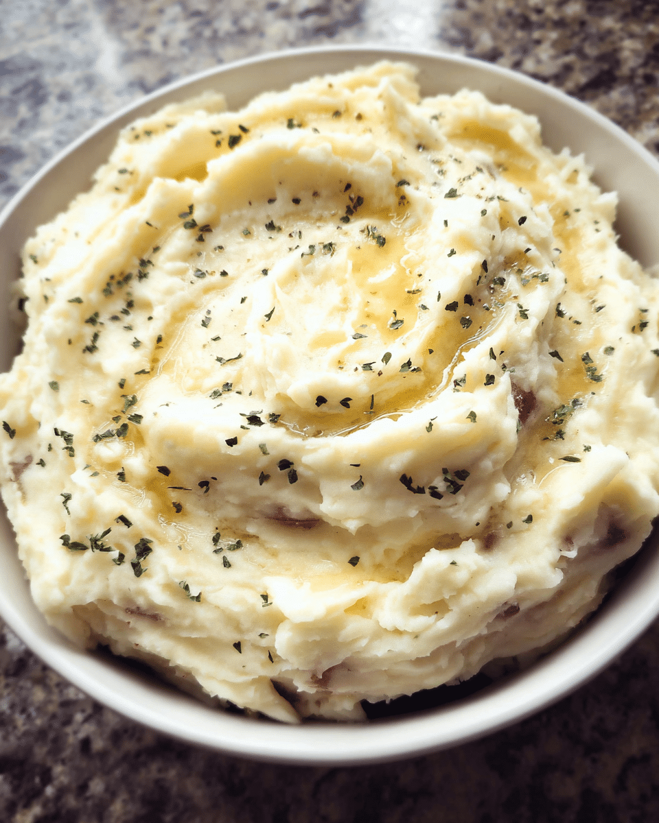 Creamy garlic mashed potatoes in a serving bowl