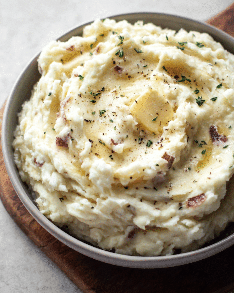Creamy garlic mashed potatoes in a serving bowl