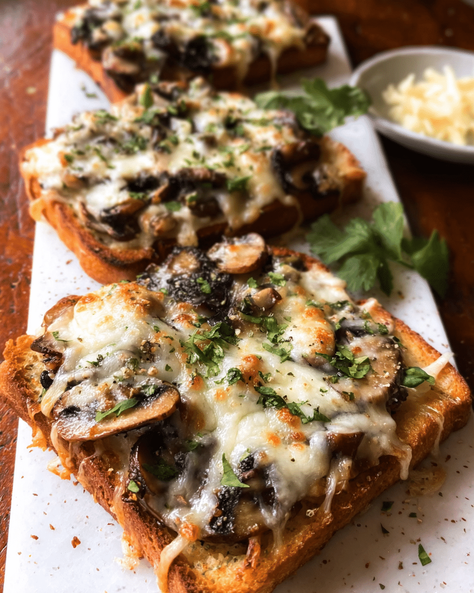 Garlic Mushroom Cheese Toasts topped with golden mushrooms and melted cheese
