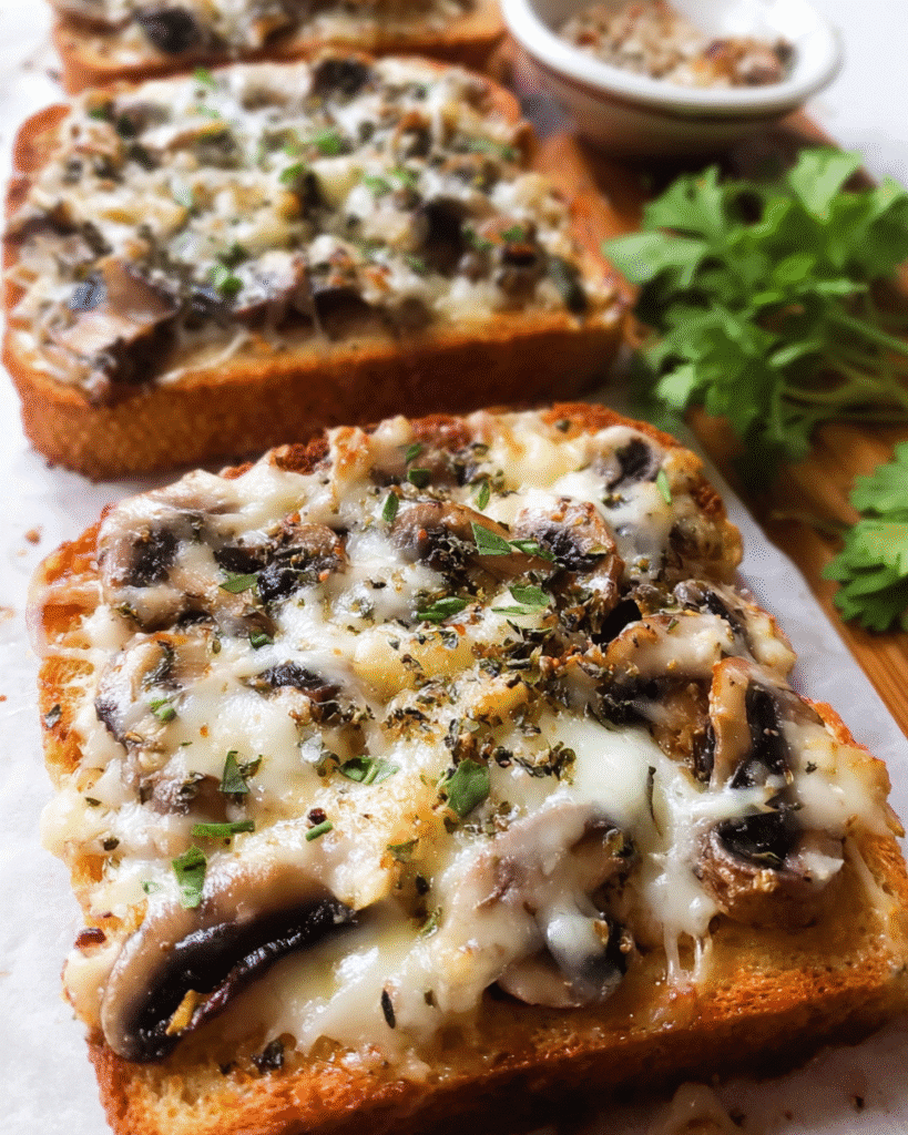 A warm, savory plate of Garlic Mushroom Cheese Toasts fresh from the oven