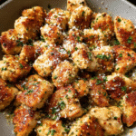 Garlic Parmesan Chicken Bites in a skillet coated with butter and Parmesan