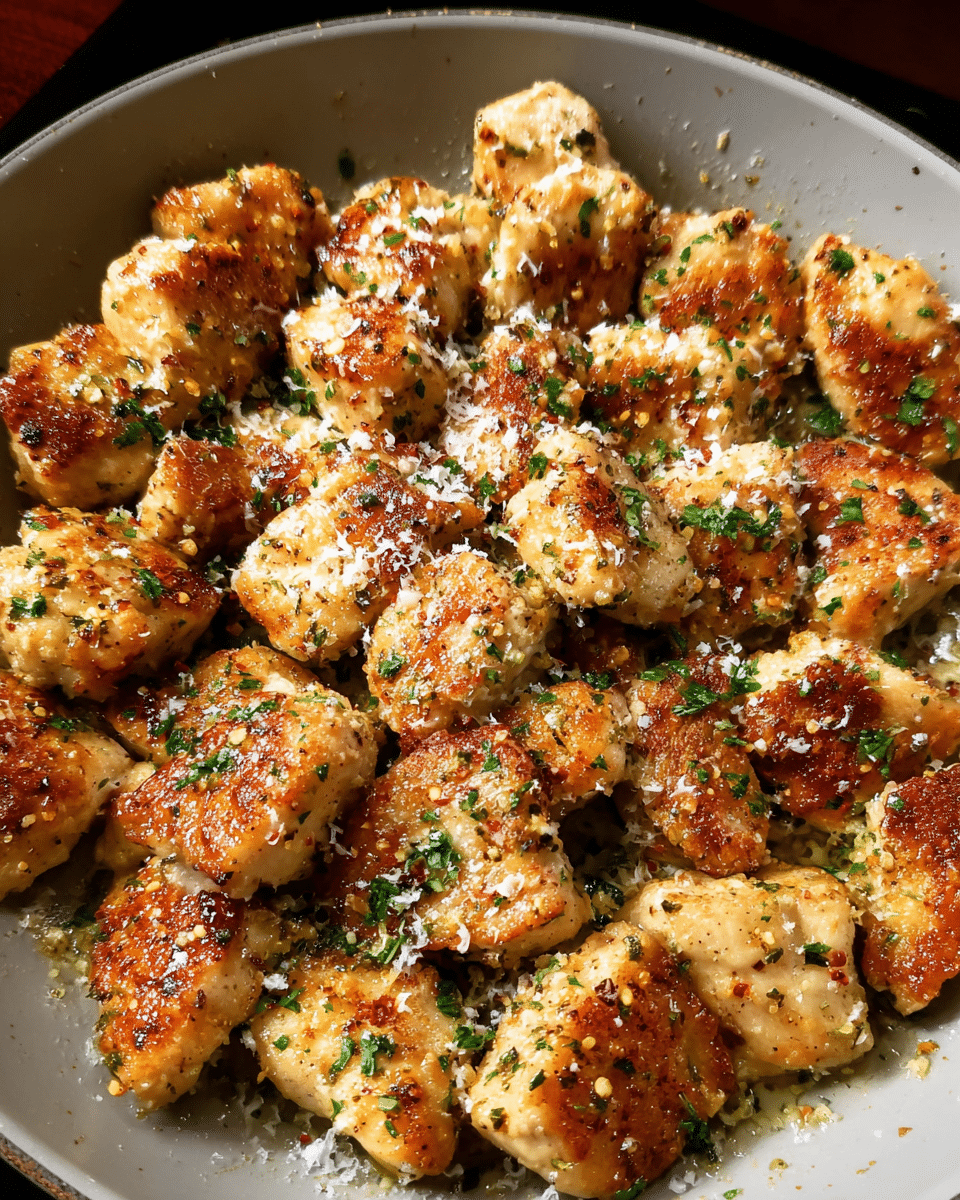 Garlic Parmesan Chicken Bites in a skillet coated with butter and Parmesan