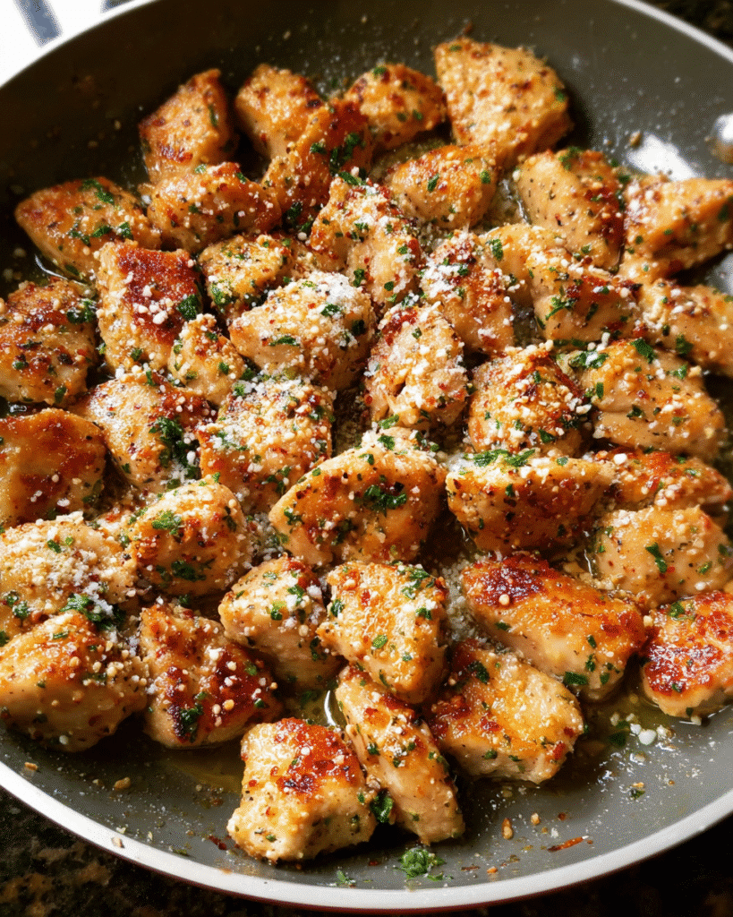 Garlic Parmesan Chicken Bites in a skillet coated with butter and Parmesan