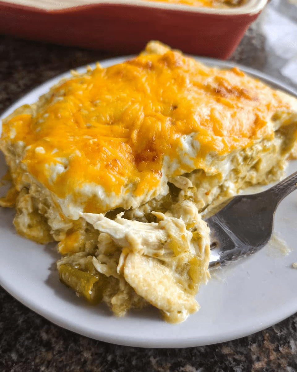 Green chili chicken enchilada casserole sliced and served