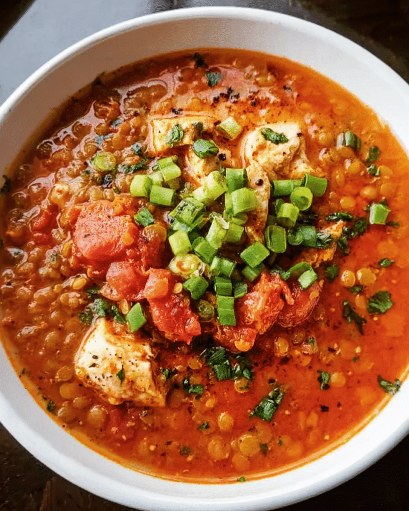 Bowl of harissa chicken lentil soup with yogurt topping