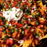 Smoky honey chicken nachos topped with melted cheddar and shredded chicken.