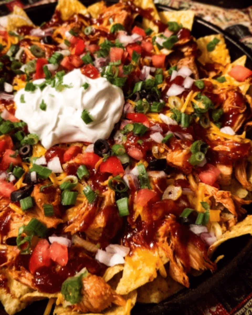 Smoky honey chicken nachos topped with melted cheddar and shredded chicken.