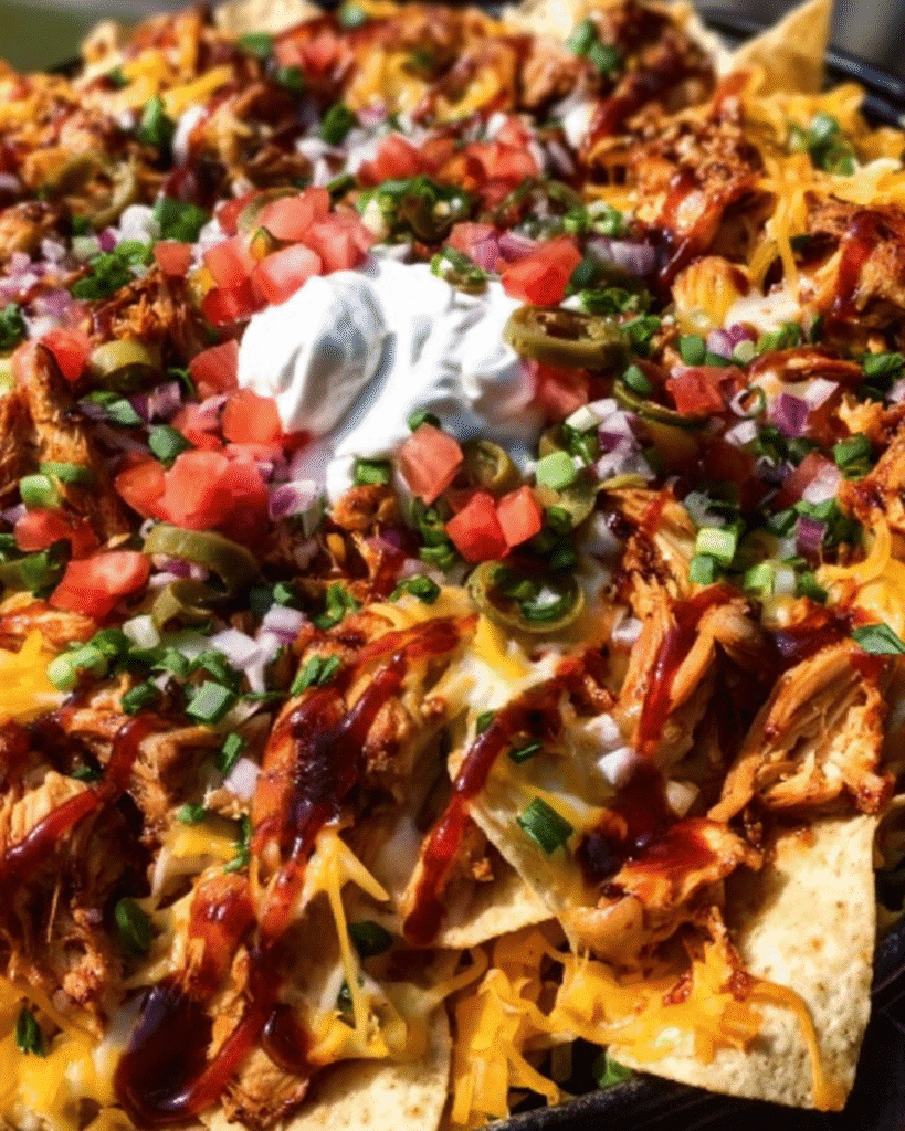 Smoky honey chicken nachos topped with melted cheddar and shredded chicken.