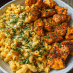 Honey garlic chicken served with creamy mac and cheese