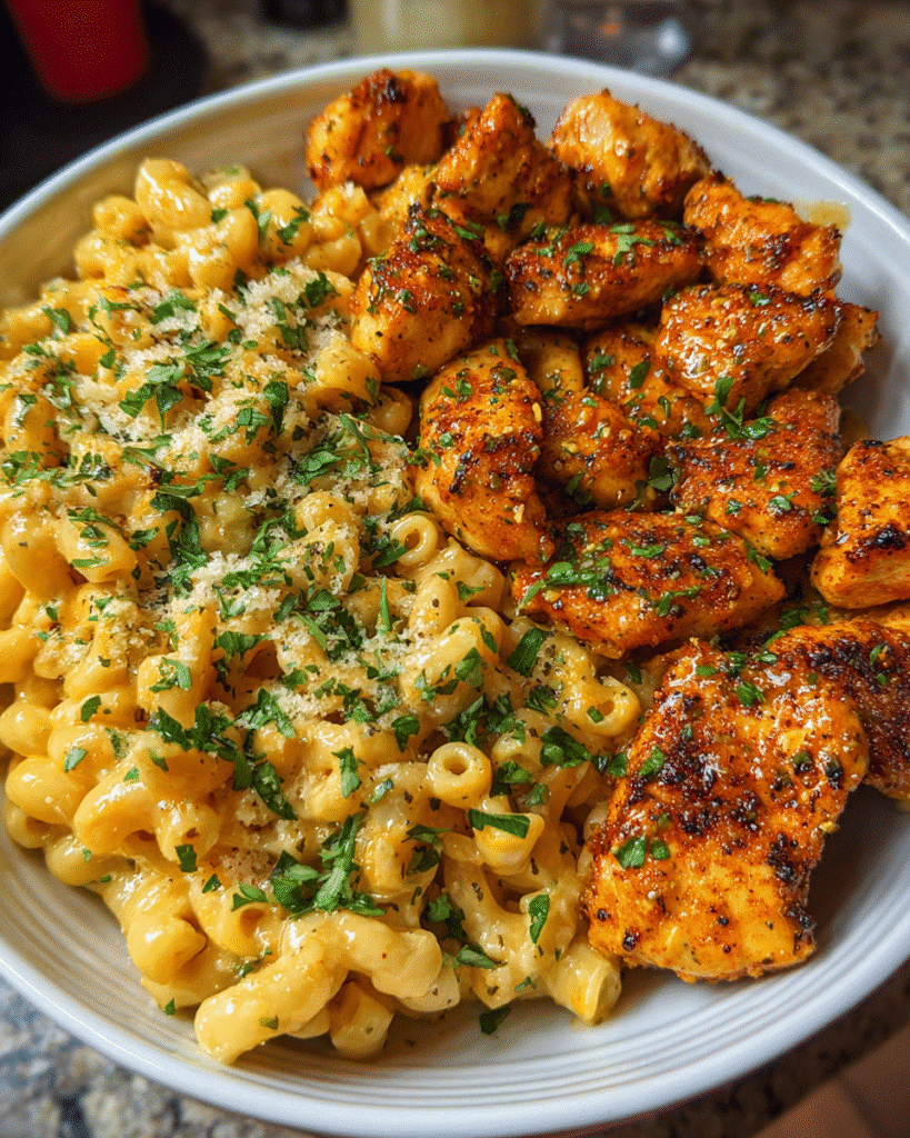 Honey garlic chicken served with creamy mac and cheese