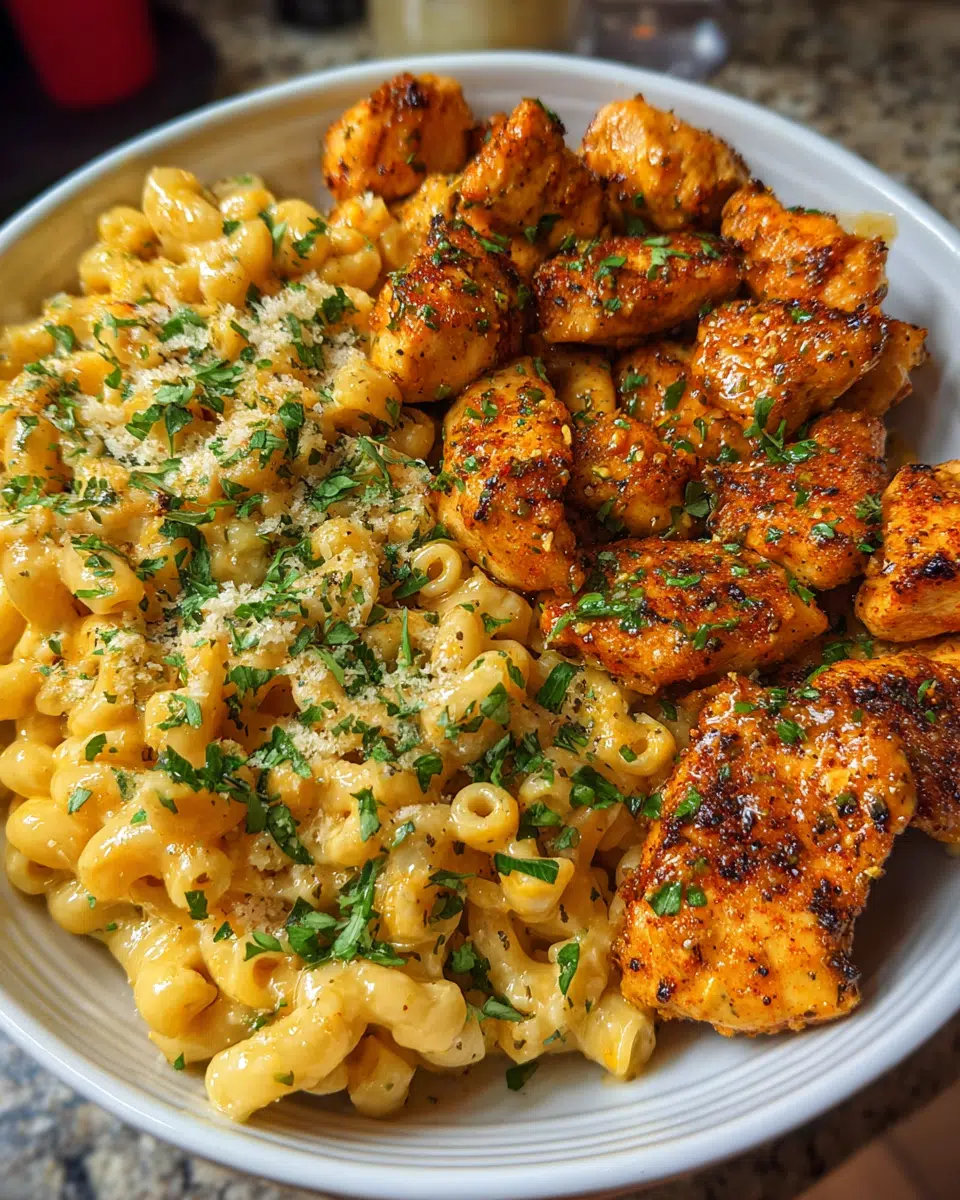 Honey garlic chicken served with creamy mac and cheese