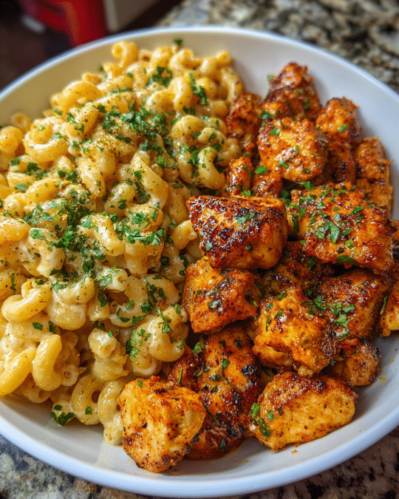 Honey garlic chicken served with creamy mac and cheese
