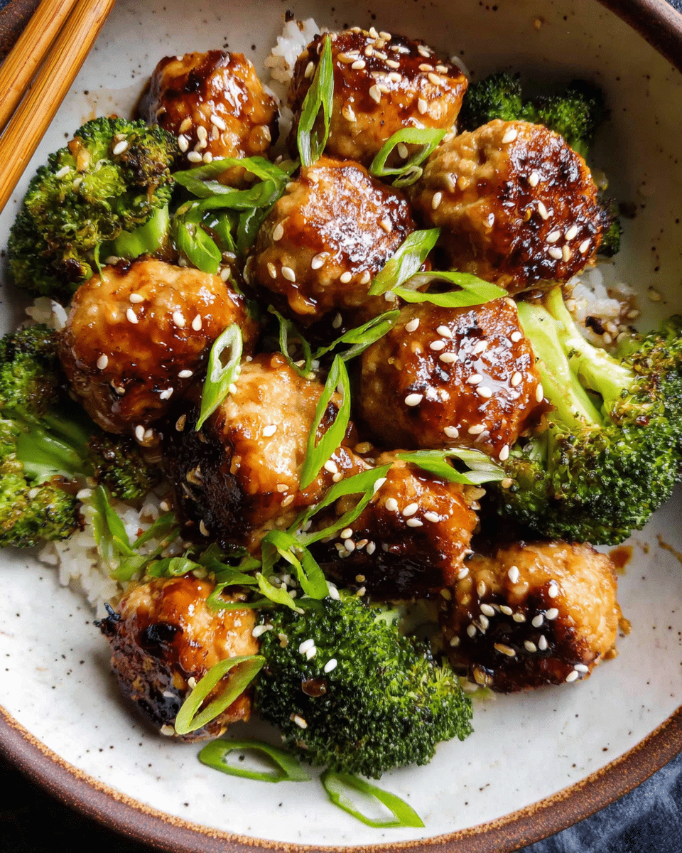 Honey garlic meatballs in a skillet with broccoli and glossy sauce