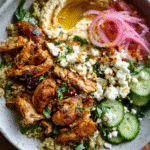 Hummus bowls with chicken shawarma, quinoa, and fresh toppings