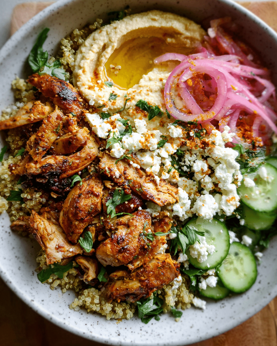 Hummus bowls with chicken shawarma, quinoa, and fresh toppings