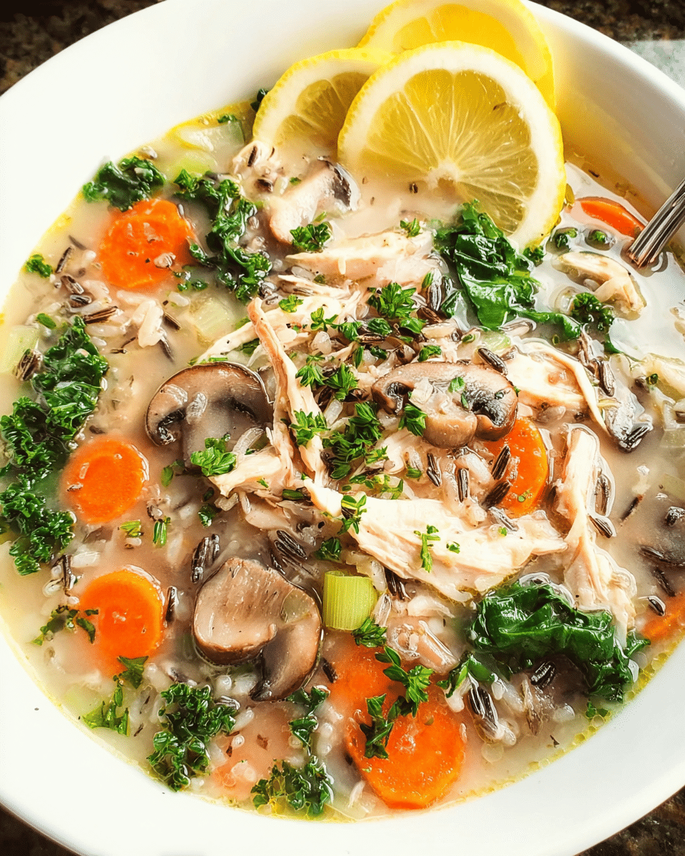 Bowl of creamy chicken and orzo soup with parsley and parmesan