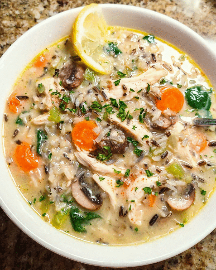 Bowl of creamy chicken and orzo soup with parsley and parmesan