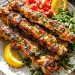 Lemon garlic chicken skewers served with herb butter and lemon wedges