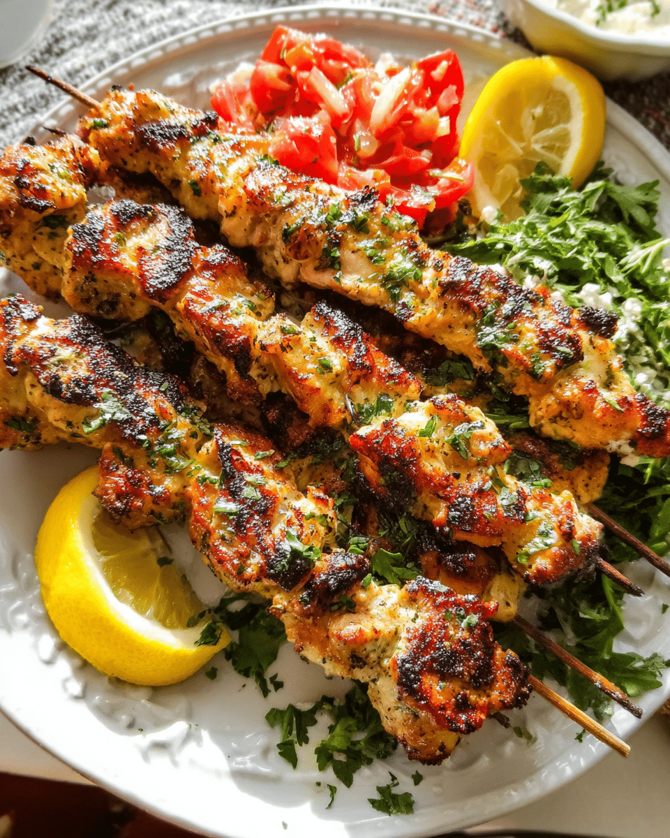Lemon garlic chicken skewers served with herb butter and lemon wedges
