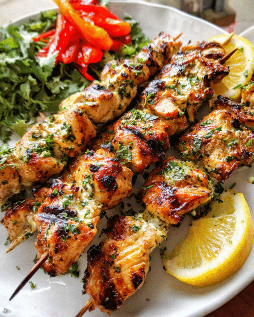 Lemon garlic chicken skewers served with herb butter and lemon wedges