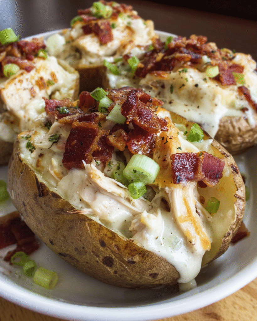 Loaded Chicken and Bacon Alfredo Potato with creamy Alfredo sauce