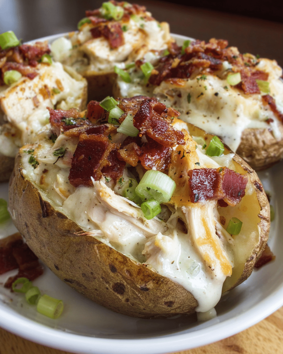 Loaded Chicken and Bacon Alfredo Potato with creamy Alfredo sauce