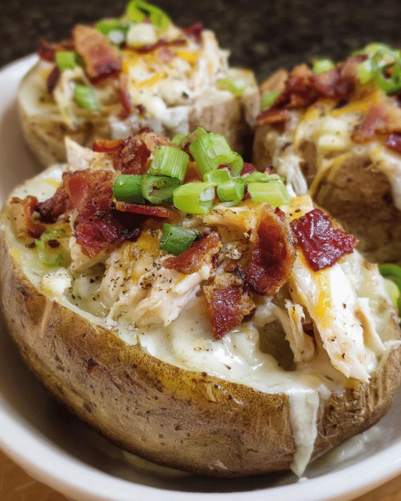 Loaded Chicken and Bacon Alfredo Potato with creamy Alfredo sauce