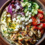 Mediterranean Chicken Hummus Bowls with rice, salad, and feta