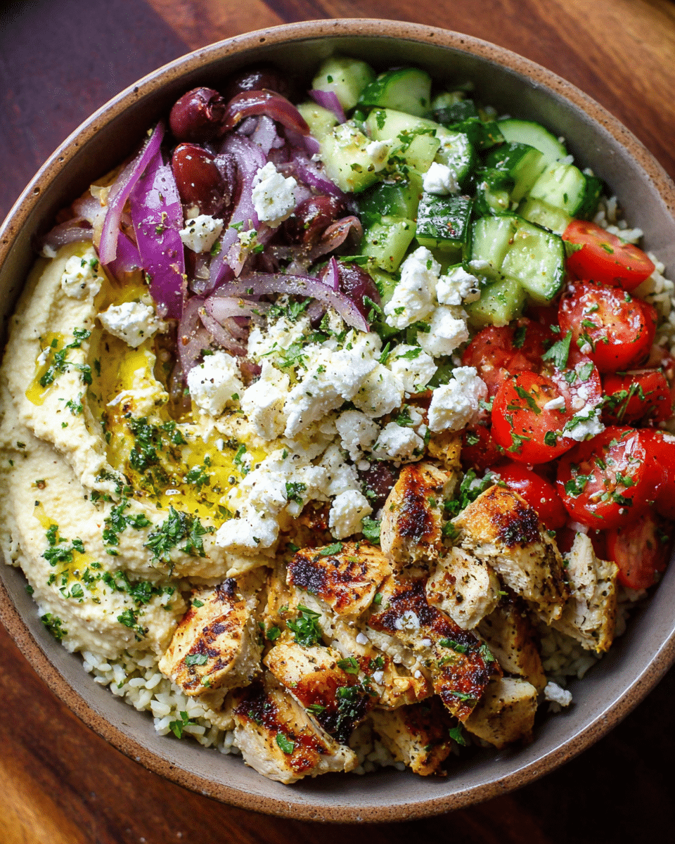 Mediterranean Chicken Hummus Bowls with rice, salad, and feta