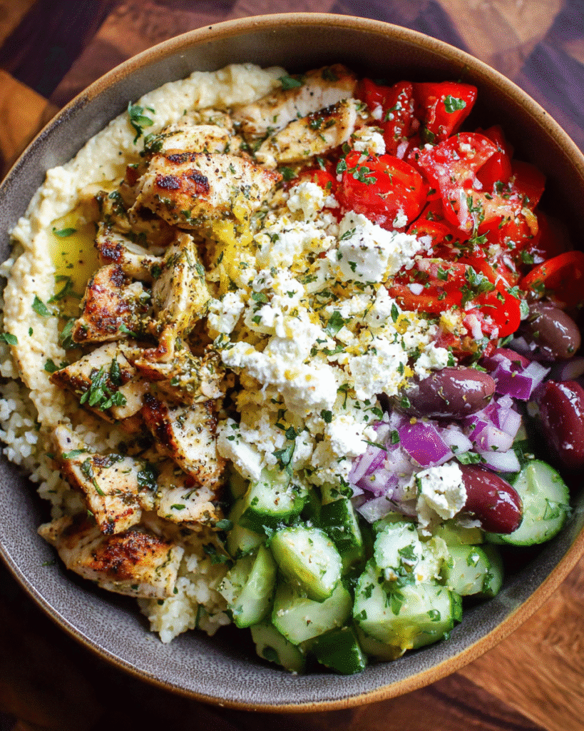 Mediterranean Chicken Hummus Bowls with rice, salad, and feta