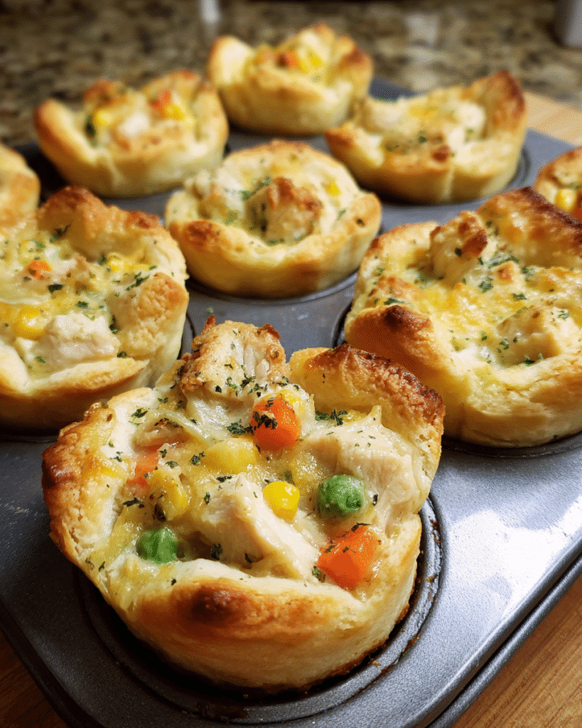 Mini Chicken Pot Pies baked in muffin tin with golden crust
