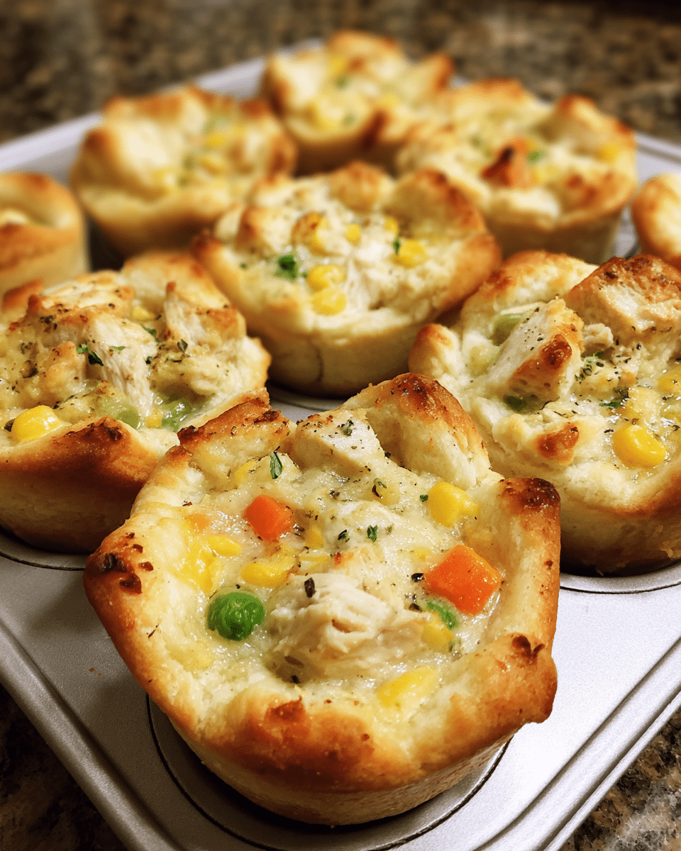 Mini Chicken Pot Pies baked in muffin tin with golden crust