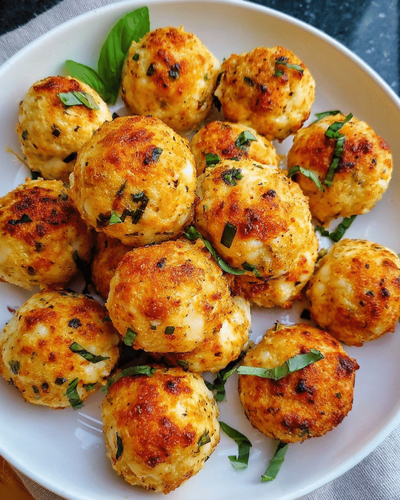 Mozzarella Stuffed Chicken Meatballs baked golden with gooey cheese