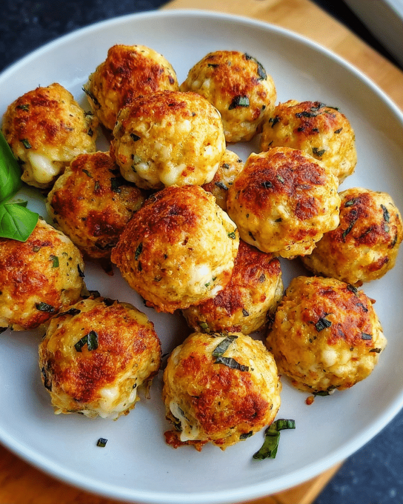 Mozzarella Stuffed Chicken Meatballs baked golden with gooey cheese