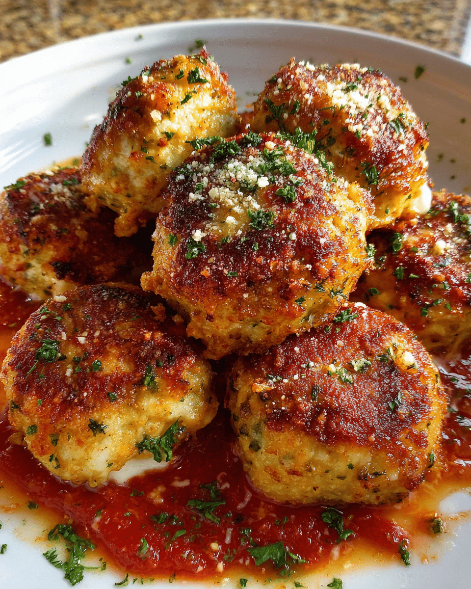 Mozzarella stuffed meatballs baked in marinara with melted cheese inside