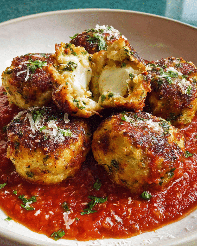 Mozzarella stuffed meatballs baked in marinara with melted cheese inside