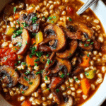 bowl of hearty mushroom barley stew with crispy mushrooms