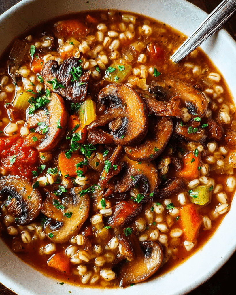 bowl of hearty mushroom barley stew with crispy mushrooms