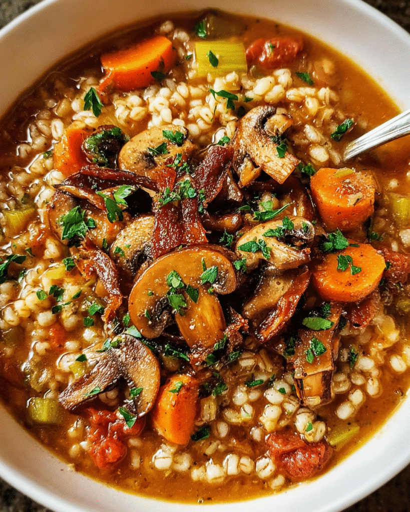 bowl of hearty mushroom barley stew with crispy mushrooms