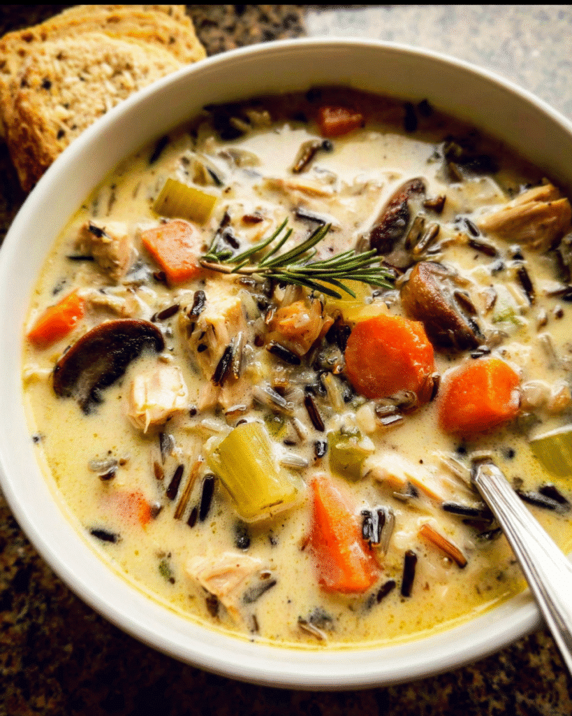 Mushroom Chicken Wild Rice Stew in a bowl