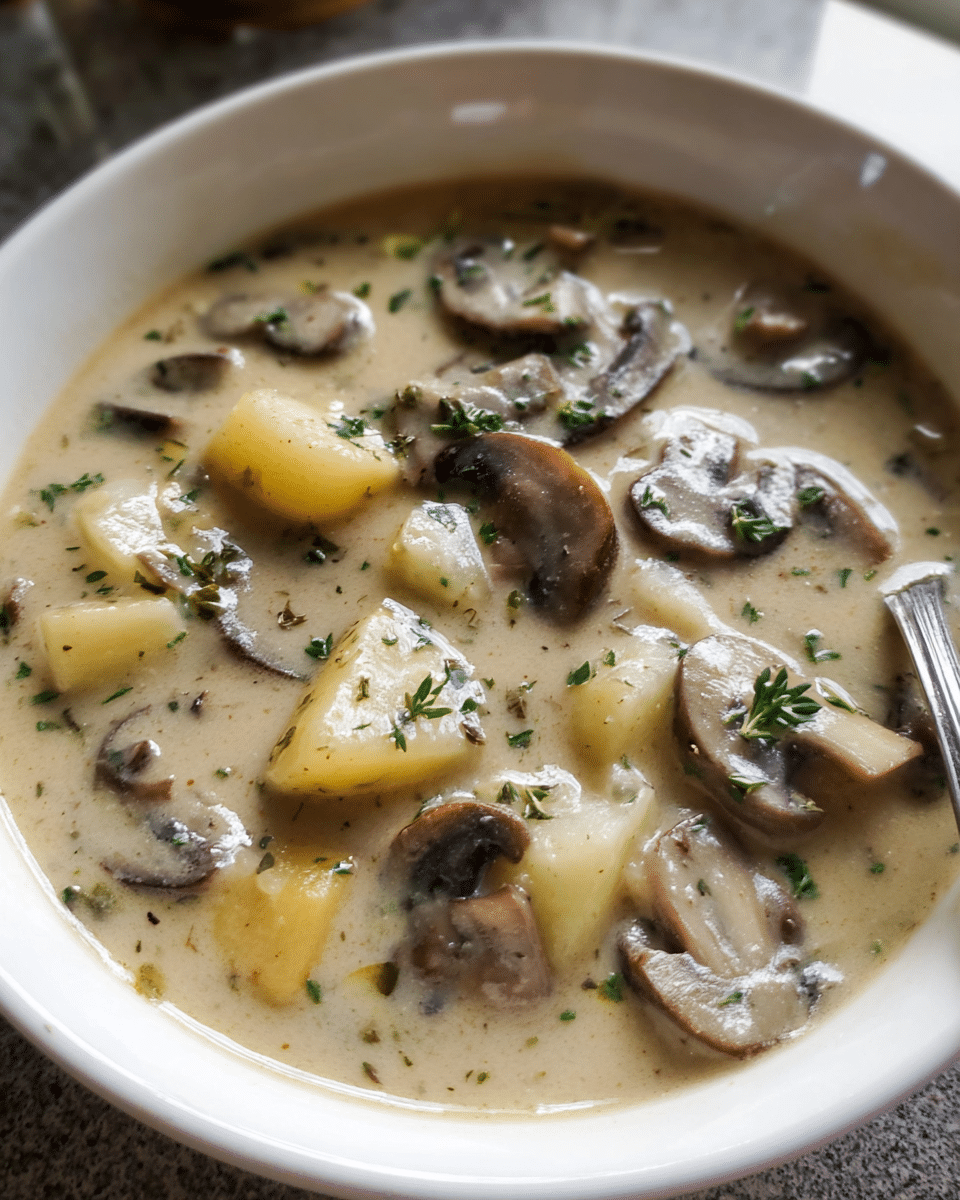 Creamy mushroom and potato soup in a bowl